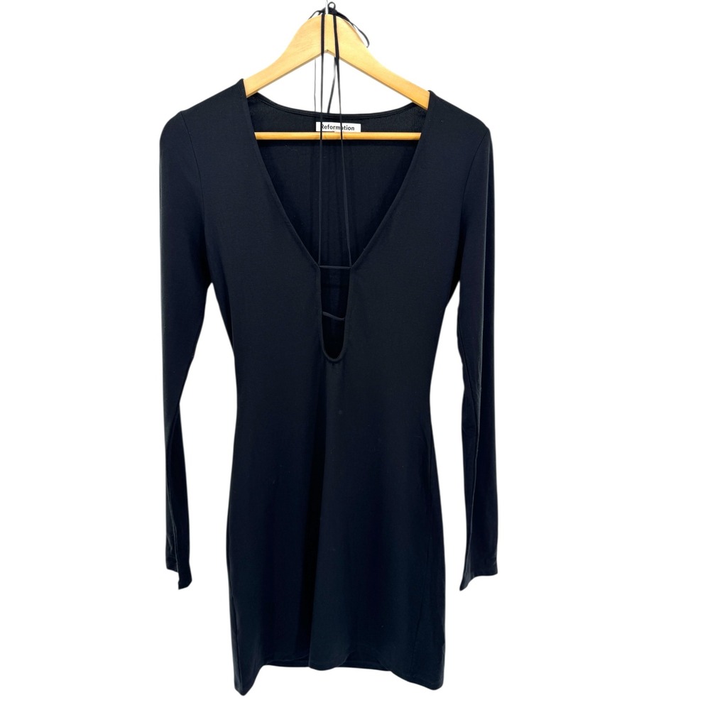 Reformation Vianna Black Long Sleeve Plunge Cutout Bodycon‎ Mini Dress XS